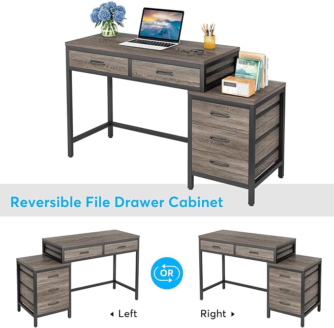 Tribesigns Computer Desk with 5 Drawers, Reversible Home Office Desks | Small Desk with Drawer Cabinet Printer Stand, PC Desk with Storage, Grey Study Writing Table Workstation for Small Spaces - Image 7