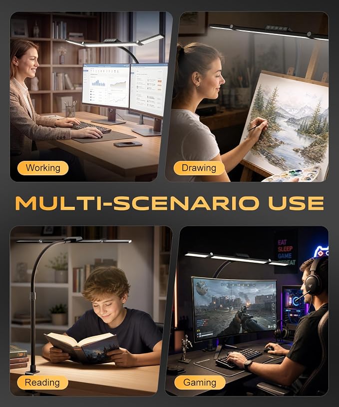LED Desk Lamps for Home Office, Desk Light with Remote & Touch Control, Stepless Dimming,5CCT,Motion Sensor Auto On/Off, Eye-Caring Desk Lamp with Clamp for Study, Reading,Dual Monitors,Black - Image 7