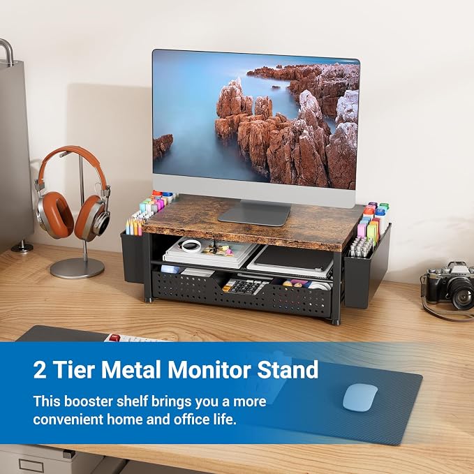 Monitor Riser, Laptop Stand for Desk, Office Desk Organizer and Accessories, Computer Monitor Stand, Desktop Shelf with Drawer and Pen Holder, Printer Stand for Home, Office, Dorm (Brown) - Image 2