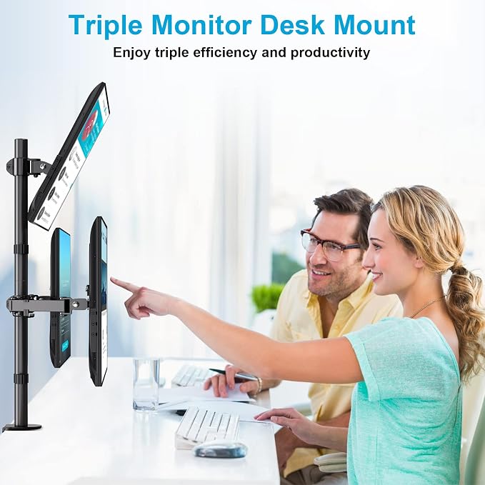 MOUNTUP Triple Monitor Stand, Height Adjustable Monitor Desk Mount Fit for 17 to 32 Inch Computer Screens, Stacked Monitors Arm for 3 Monitors, with C-Clamp and Grommet Base, up to 17.6lbs per Arm - Image 9