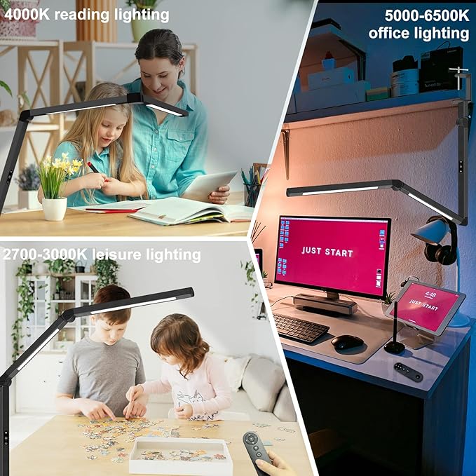 LED Desk Lamp with Clamp, Architect Desk Lamp for Home Office with Remote Control, Swing Arm Clamp on Computer Light, Clip-on Eye-Care Adjustable 5 Brightness Levels Table Light for Working Drafting - Image 6