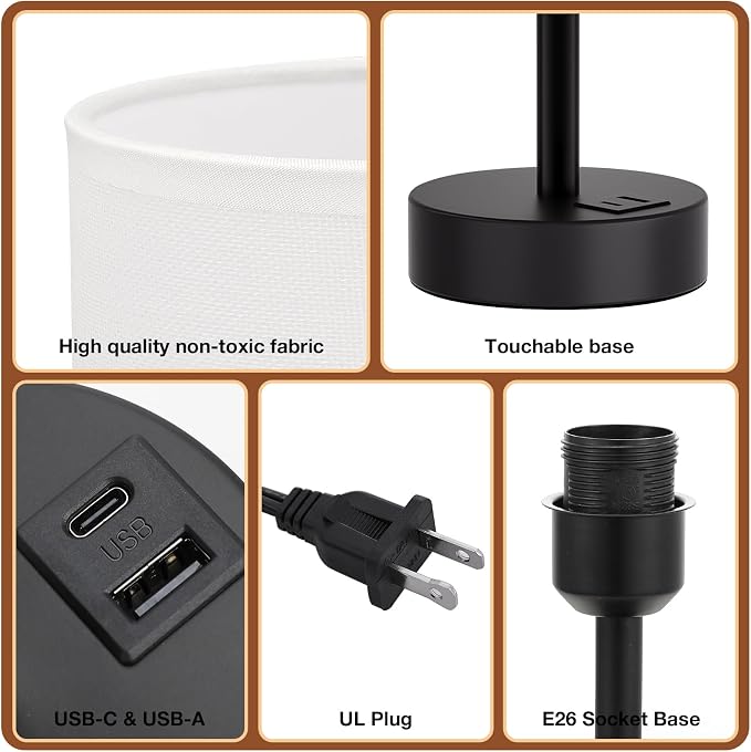 Dicoool Bedside Table Lamp for Bedroom - 3-Way Dimmable Touch Lamp, USB A+C | LED Bulb Included, 14" Small Nightstand Lamp for Desk, Living Room, Guest Room, White Fabric Lampshade, Black Metal Base - Image 6