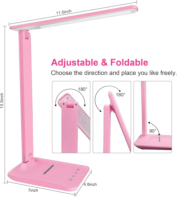 shinelife LED Desk Lamp for Office Home, Bright Desk Light with USB Charging Port, Adjustable Dimmable Desk Lamps 5 Modes 5 Brightness, Touch Study Lamp for Nail, Craft, Puzzle, Sewing, Study, Pink - Image 7