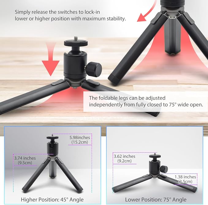 Kado Metal Portable Monitor Stand Tripod, Phone/Tablet Clamp for Desk | 100x100mm 75x75mm Wall/Arm Mount Clamping, 360° Ball Head and 1/4" Screw Compact for Phone, Tablet, Projector, Camera, Webcam - Image 3