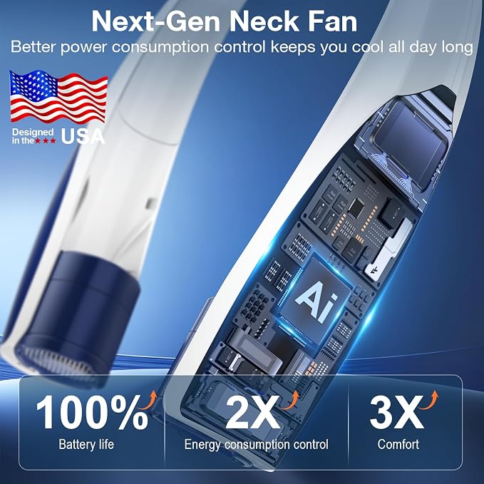 Portable Neck Fan, 6 Speeds Rechargeable Personal Fan with AI Chips, Hands-Free 360° Faster Cooling Wearable Fan, Ultra Quiet for Home, Office, Travel, Indoor, Outdoor - Navy Blue - Image 3