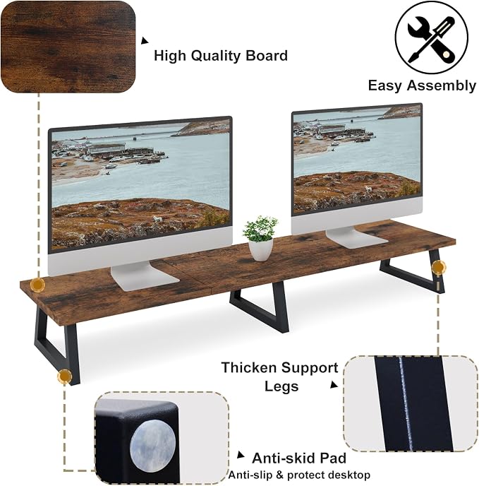 TEAMIX 42 inch Large [Dual] [Monitor] [Riser],Rustic Brown Extra Long TV [Stand Wood & Steel Desktop [Riser] with Storage for [Dual] Screen Office Desk Organization - Image 4
