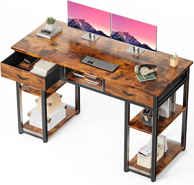 DUMOS 48-Inch Computer Desk with Drawers, Hook and Side Bag, Brown | Home Office Desk for Bedroom, Gaming Writing Study Desk with Adjustable Feet by DumosLifestyle