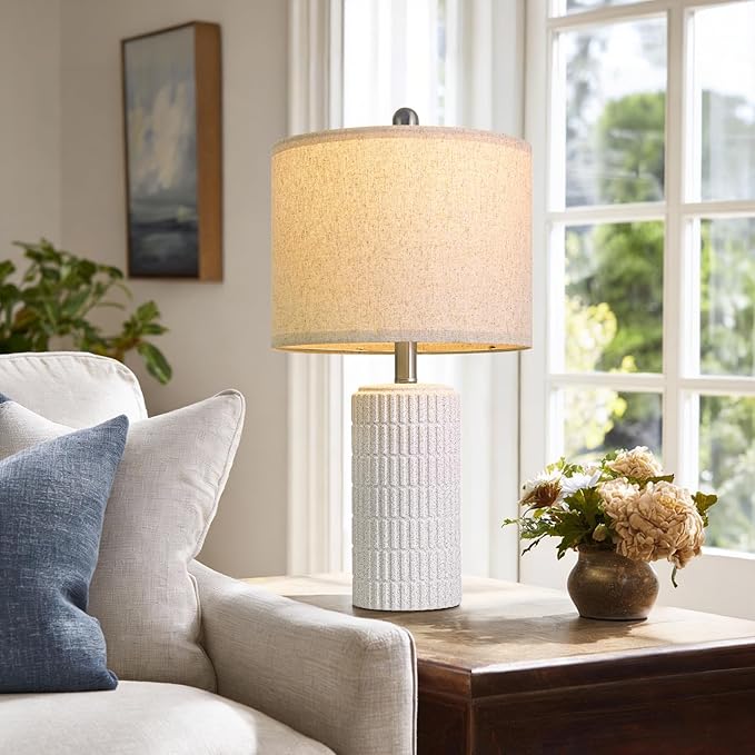 PoKat 20.75" Stone-Like Farmhouse Ceramic Table Lamps Set of 2 for Bedroom, White Bedside Lamps for Night Stands, Matte-Textured Decor Nightstand Table Lamps for Living Room End Table White - Image 4