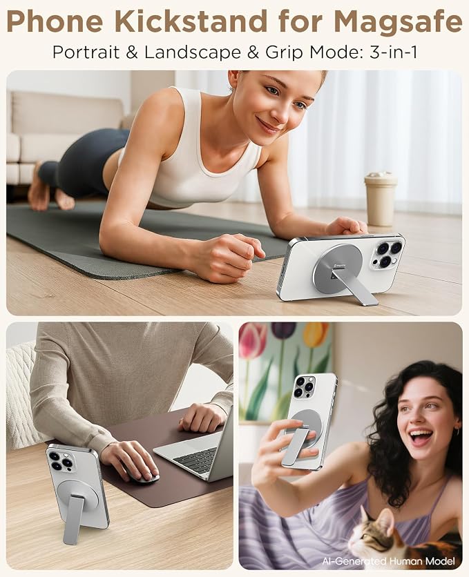 Magnetic Phone Stand Grip for Magsafe, Utral-Thin Snap-on Phone Kickstand, Holder & Grip, Foldable & Adjustable for Hands-Free Viewing | Compatible with Phone 16 15 14 13 12 Pro,Silver - Image 3