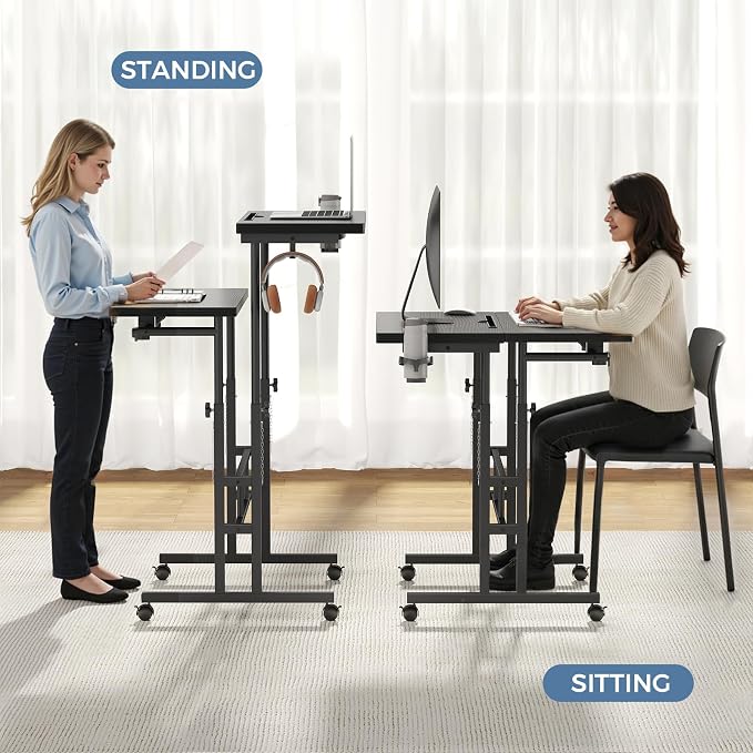 DUMOS Rolling Standing Desk, Sit Stand Desk, Computer Cart | 23.6 Inch Width, Height Adjustable, Split Top, Mobile Laptop Workstation, Office Table, Portable Design, Black - Image 6