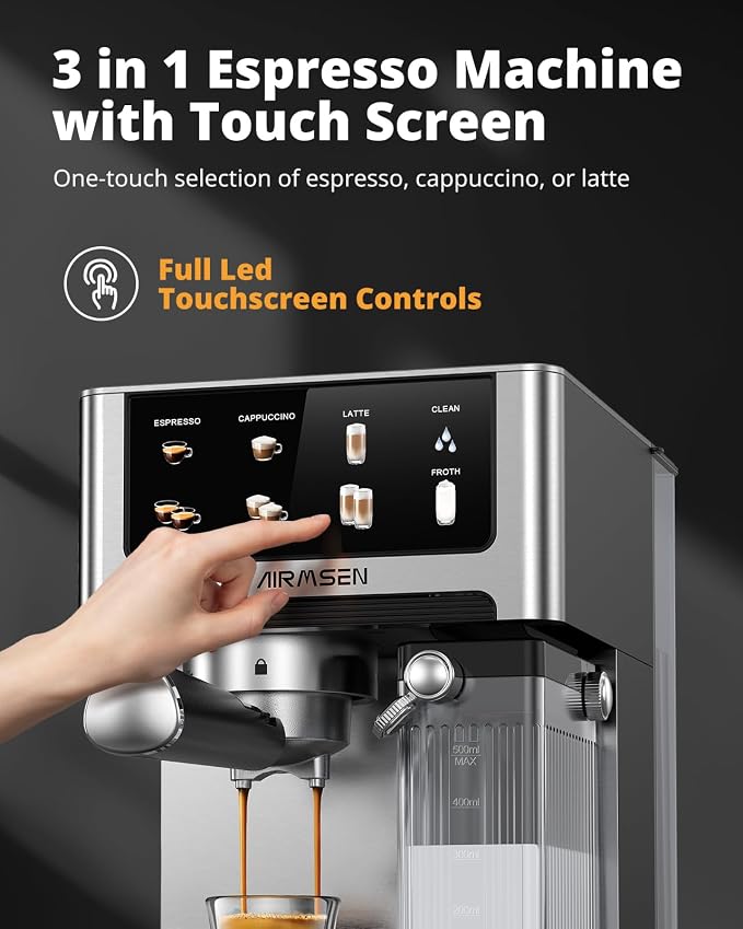 AIRMSEN 20 Bar Espresso Machine with Automatic Milk Frother, Cappuccino & Latte Coffee Maker with Quick Brew Dual Boiler (1350W + 1000W), Stainless Steel, 60oz Water Tank, Touchscreen - Image 7