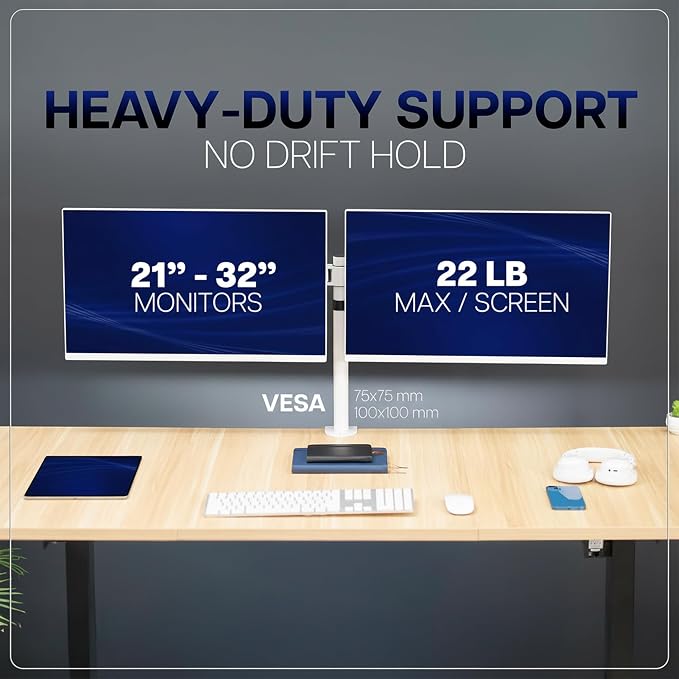 VIVO Dual LCD LED 21 to 32 inch Monitor Desk Mount, Heavy Duty, Adjustable Telescoping Arms, Flush Wall Setup, Fits 2 Screens, White, STAND-V002EW - Image 6