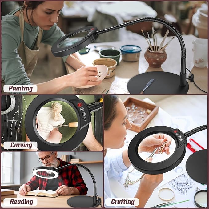 10X Magnifying Glass with Light and Stand, 16.5in Flexible Goose-Neck, 5 Color Modes Stepless Dimmable LED Lighted Desk Lamp, Hands Free Magnifier for Crafting Hobby Painting Close Work - Black - Image 7