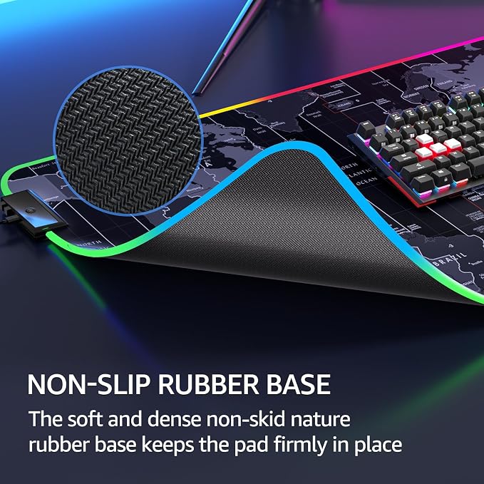 KTRIO RGB Large Gaming Mouse Pad, 31.5 x 15.7 in, RGB World Map, XXL | Smooth Micro-Weave Surface, RGB Lighting Design, Non-Slip Rubber Base, Durable Stitched Edges, Office & Home Use - Image 4