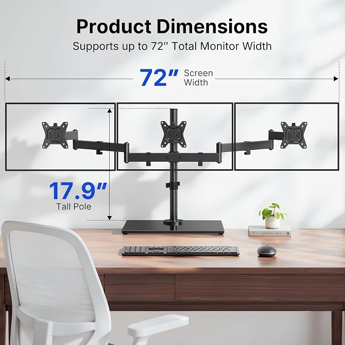 HUANUO Free Standing Triple Monitor Mount for 13-27 Inch Screens | Larger Tempered-Glass Base, Heavy Duty Thicker Steel, Tilt, Swivel, Rotation, Holds up to 22 lbs, VESA 75x75/ 100x100mm - Image 6