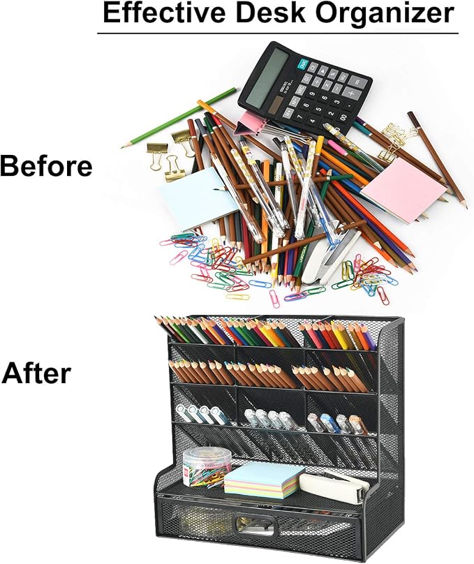 Marbrasse Mesh Pen Holder for Desk, Multi-Functional Pencil Organizer with Drawer, Desk Organizers and Accessories for Office Art Supplies (Large Black) - Image 5