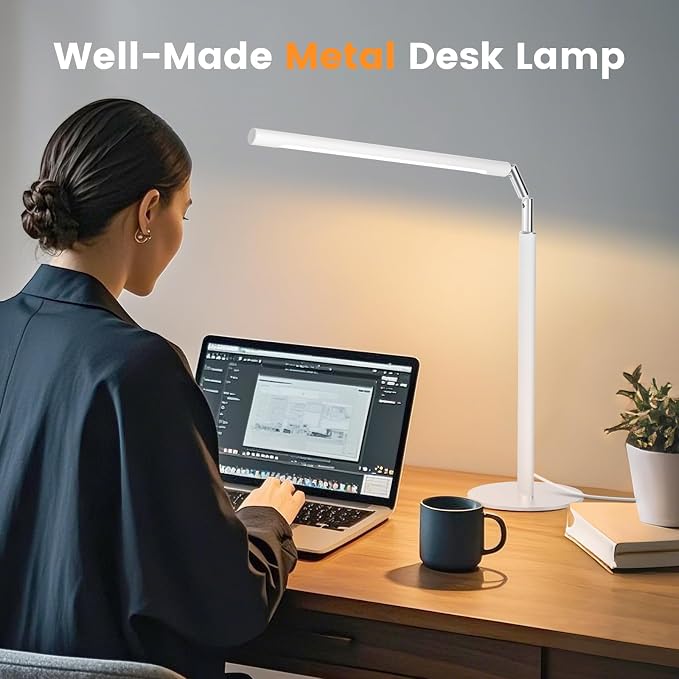 SIBRILLE White LED Desk Lamp, 16" Dimmable Metal Desk Light with Base, 15W 1200LM, Adapter Included, Color & Brightness Adjustable, Modern Tall Table Lamp for Home Office Reading Study Task Laptop - Image 6