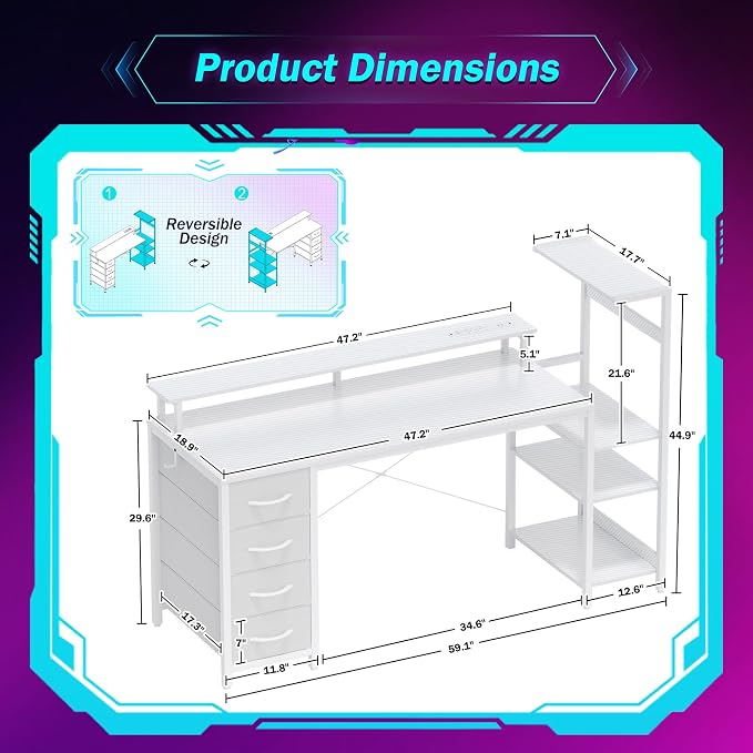 59 Inch Gaming Desk with Drawers & PC Tower Stand & LED Lights, White | Reversible, Monitor Shelf, Power Outlets, Carbon Fiber, Mesa Gamer, Computer Desk with Storage, Gaming Table for Home Office - Image 2