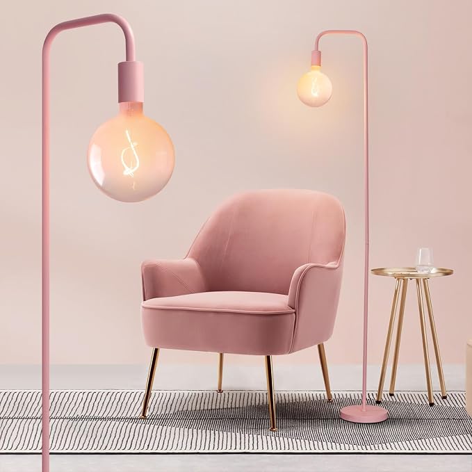 ONEWISH Pink Floor Lamp for Bedroom, Cute Standing Lamp with LED Bulb, Translucent Pink Globe Glass 2700k Warm Lighting. Globe Floor Lamp for Livingroom, Bedroom,Office by onewish