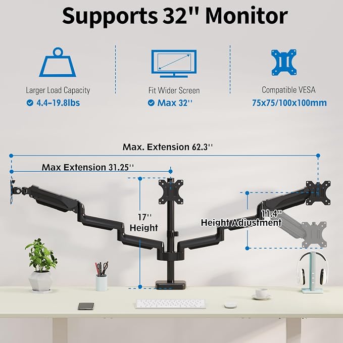 Triple Monitor Desk Mount for Computer Screens up to 32", Holds up to 19.8 lbs Each, 3 Monitor Arm, Heavy Duty Stand Vesa Mount 75x75, 100x100 - Image 2