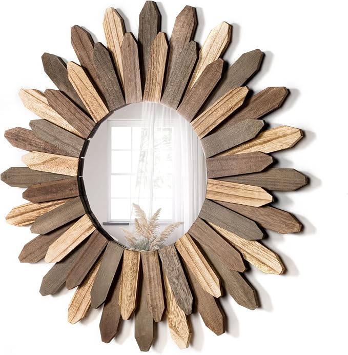 Honiway Boho Wall Decor 21 inch Wall Mirror Rustic Wood Decorative Mirror for Room Decor Rustic Home Decor Farmhouse Wall Decor at Living Room Bedroom Bathroom Hallway Trilcolor by Honiway