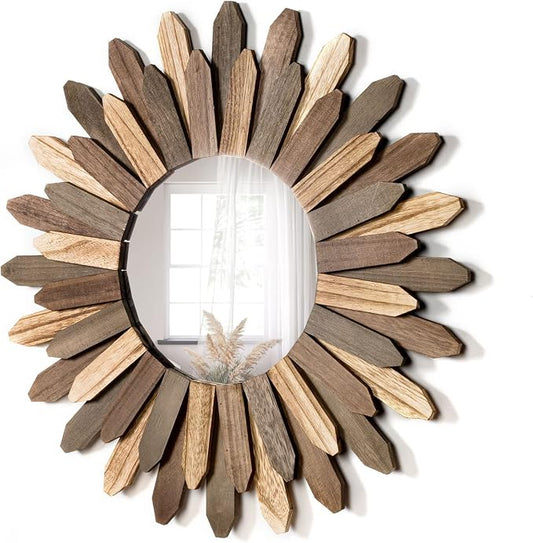 Honiway Boho Wall Decor 21 inch Wall Mirror Rustic Wood Decorative Mirror for Room Decor Rustic Home Decor Farmhouse Wall Decor at Living Room Bedroom Bathroom Hallway Trilcolor by Honiway