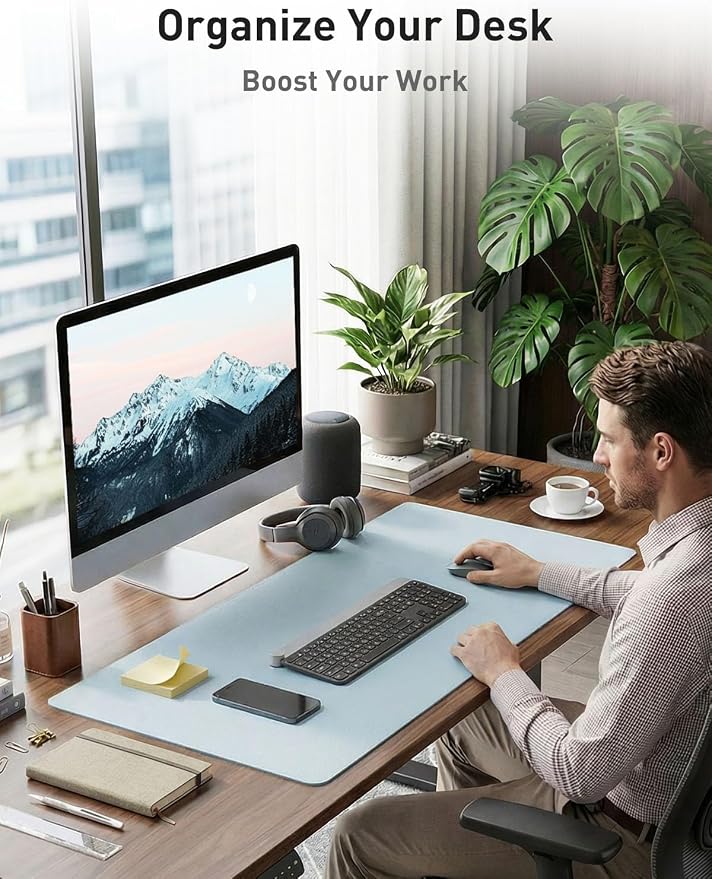 Aothia Faux Leather Desk Mat - Non-Slip PU Leather Desk Blotter, Waterproof Writing Surface, Large Desk Pad for Office & Home (Baby Blue, 55" x 17") - Image 3