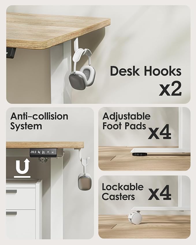 TIQLAB Electric Height Adjustable Standing Desk 47.2×23.6 inch, Sit Stand Desk for Work, Study, Memory Controller, White Frame & Maple Top Computer Workstation for Home Office - Image 6