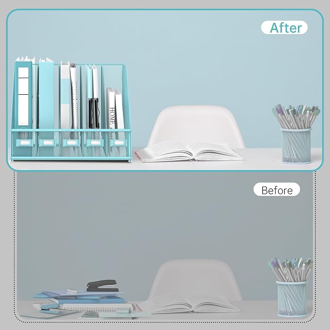 SUPEASY Desk Organizers Metal Desk Magazine File Holder with 5 Vertical Compartments Rack File Organizer for Office Desktop, Classroom, Home Workspace, Blue Plus - Image 5
