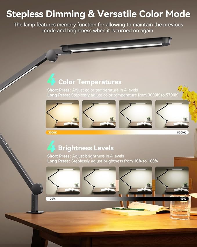 LED Desk Lamp with Clamp, Architect Desk Lamp with Remote, Flexible Swing Arm Desk Light with Dual LED Light, Stepless Dimming, 5 Color Mode & 4 Brightness for Sewing Painting Drafting Crafting - Image 3