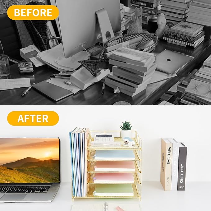 LEKETREE Desk Organizers and Accessories, 5-Tier Paper Letter Tray Organizer with File Holder, Desktop Organizer for Office Supplies (Gold) - Image 2
