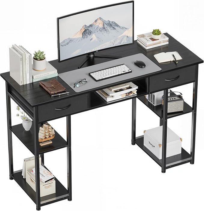 OLIXIS 48 Inch Desk with Storage, Computer Desk, Fabric Drawers | Home Office, Gaming Writing, Study Work, PC Table, Small Space Bedroom, Black by OLIXIS