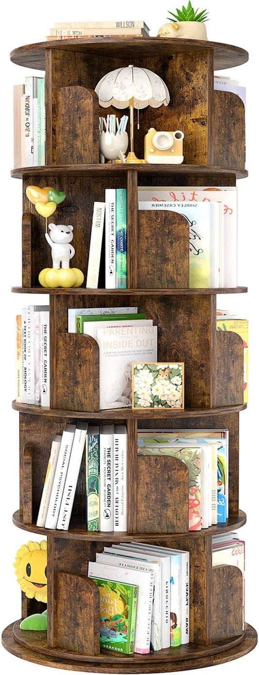 Aheaplus Rotating Bookshelf, 360 Display Wood Spinning Bookshelf Tower, 5 Tier Floor Standing Bookcase Storage Rack, Revolving Bookcase Corner Bookshelfs for Small Space, Study, Bed Room, Rustic Brown by Aheaplus