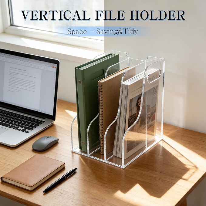 3-Tier Clear Acrylic File Holder, Vertical Document Organizer for Magazines, Binders, Notebooks & Envelopes - Multi-Purpose Desk Storage for Home Office（A4,3 Sections） - Image 6
