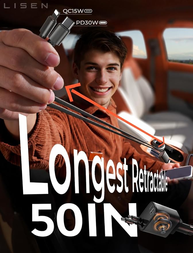 LISEN Retractable Car Charger, [2026 Upgrade 50 inch ] Long 4 in 1 Retractable Cable Car Charger, USB C Car Charger Fast Charging for iPhone 17 16 15 14 13 12 11 X Pro Max Plus Mini, Samsung S26 | Multiple Ports Car Charger, Retractable Car Charger Fas... - Image 2