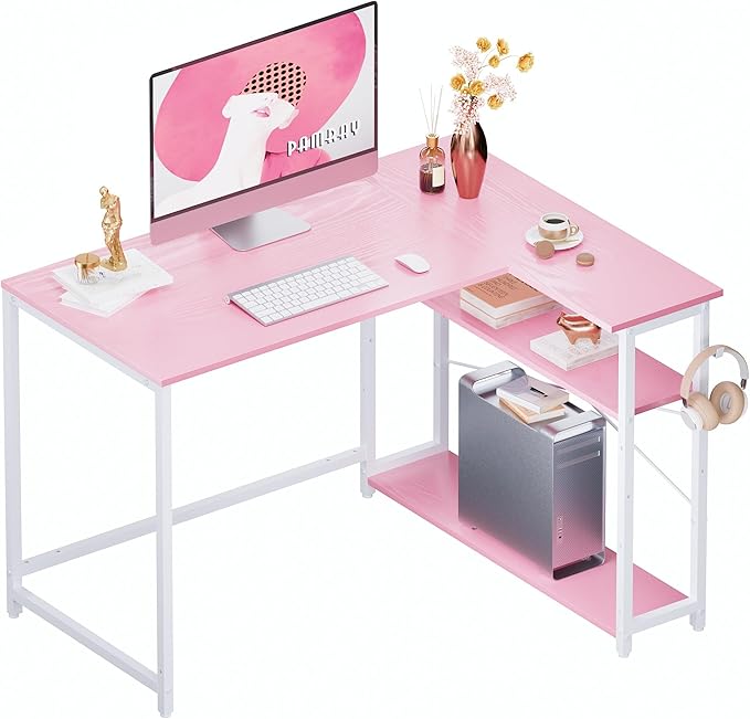 Pamray 43 Inch L Shaped Computer Desk with Reversible Side Storage Shelves, Small Corner Desk for Small Space Home Office,Writing Study Table PC Desk for Bedroom,Pink with White Leg by PAMRAY