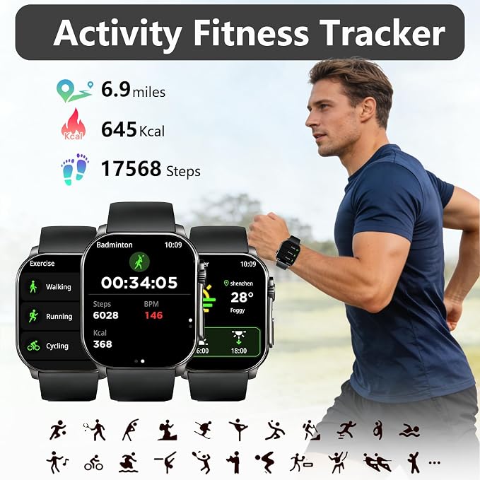 Smart Watch for Men, 2.01" AMOLED Curved HD Screen Smart Watch, Fitness Tracker with 24/7 Heart Rate/Sleep Monitor, IP68 Waterproof Running Watch, Compatible with iOS & Android for Daily Workout Black - Image 4