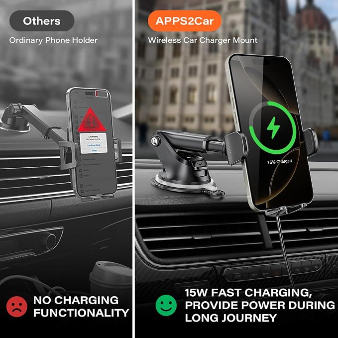 APPS2Car Suction Phone Mount Wireless Car Charger, 15W Dashboard Wireless Charger for Car, Compatible with iPhone, Samsung, LG and More - Image 2