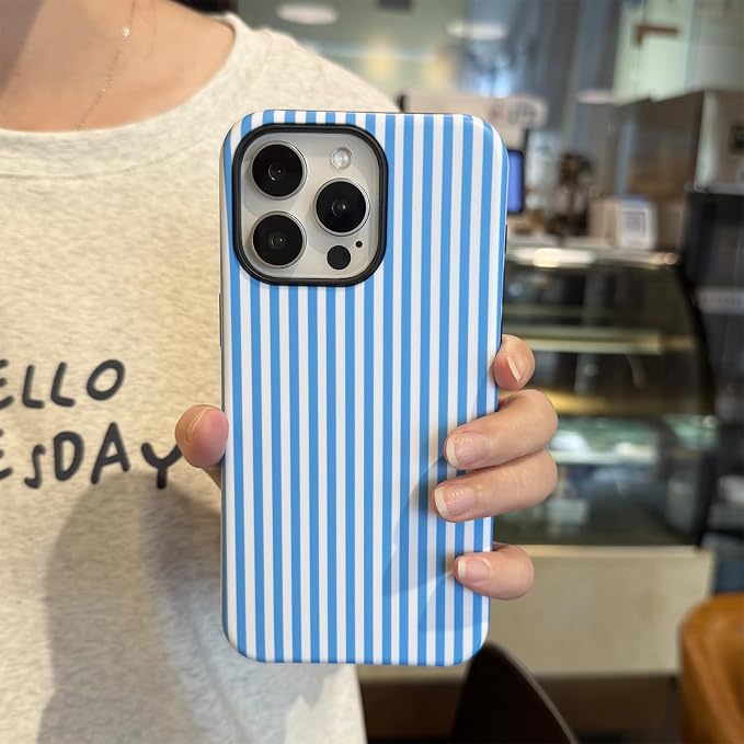 for iPhone 16 Pro Case Striped Cute Aesthetics Phone Case Trendy Protective Shockproof Cover for iPhone 16 Pro Blue White - Image 4