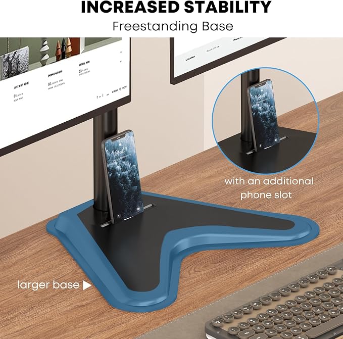 PUTORSEN Quad Monitor Stand for 4 Screens, 17-32", 19.8 lbs Each | Stacked 4-Screen Desk Mount with Full-Motion Arms, VESA 75/100, Tilt, Swivel & Rotation, Larger Base with Phone Slot, Black - Image 6
