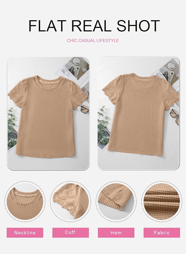 SHEWIN Womens Frenchy Summer Tops Crewneck Short Sleeve T Shirts Casual Waffle Knit Jacquard Blouses Top Shirts - Image 8