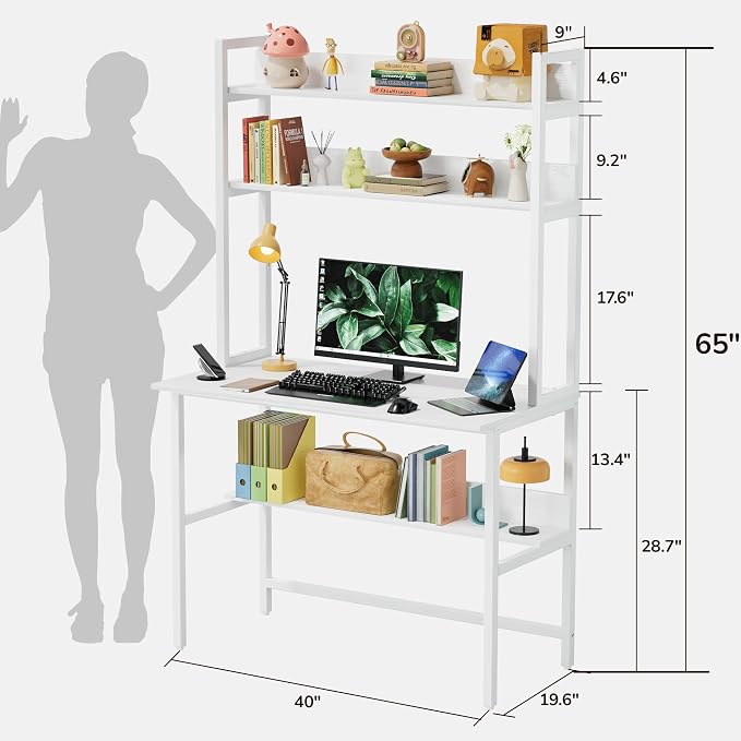 Aquzee Computer Desk with Hutch, 40“W x 19.6" D Desk with Shelves, Tall Home Office Desk with Bookshelf, Metal Legs Study Table with Upper Storage Shelf for Study Writing/Workstation, White - Image 3