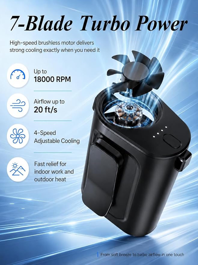 Waist Fan Portable Ultra Lightweight Design | Belt Clip on Fan for Shirt, Up to 36H Runtime, High Speed 18000RPM Strong Airflow, Neck Body Fan Camping Essentials - Image 3