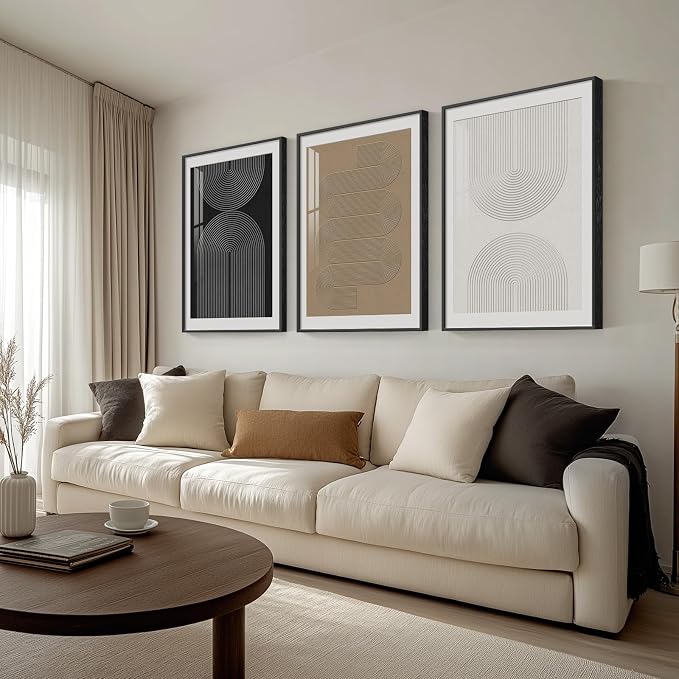 Large Framed Boho Neutral Abstract Wall Art for Living Room, 3 Piece Black White Brown Prints Paintings Artwork for Walls, Modern Minimalist Geometric Pictures for Hallway Office Wall Decor 24x36 In - Image 2