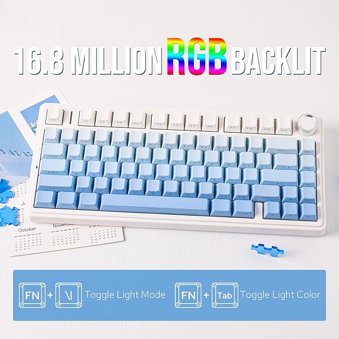 EPOMAKER x Aula F75 Gasket Mechanical Keyboard, 75% Wireless Hot Swappable Gaming Keyboard with Five-Layer Padding&Knob, BT/2.4GHz/USB-C, RGB (Blue Gradient, LEOBOG Reaper Switch) - Image 5