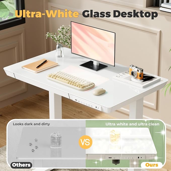 32" Glass Standing Desk with Drawer, Small Electric Desk | Height Adjustable Quick Install One-Piece Tabletop with USB Charging Ports, Sit Stand Computer Desk for Compact Space, White - Image 5