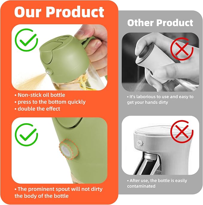 TrendPlain 16oz/470ml Glass Olive Oil Sprayer for Cooking – 2 in 1 Olive Oil Dispenser Bottle for Kitchen Gadgets and Air Fryer Accessories, Salad, BBQ - Black & Green - Image 7