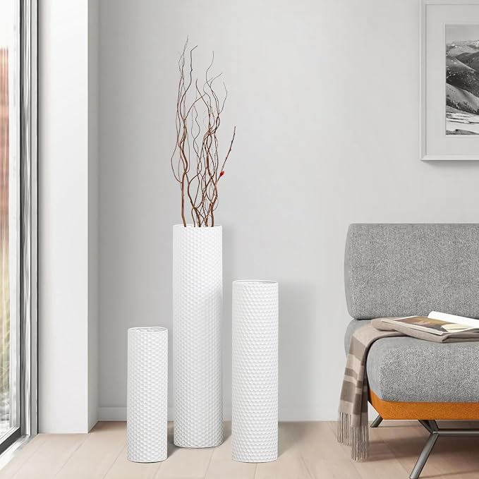 Dnnnii Tall Floor Vases Set of 3 - White Metal Cylinder Vases for Living Room Corner, Modern Honeycomb Texture, Extra Large Standing Decor (Tallest 27.6in, Home Bedroom Dining Decor) - Image 4