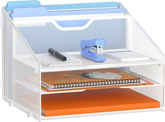 GAWERK Letter Tray Organizer, Mesh Desk File Organizer with 3 Paper Trays and 2 Vertical Upright Section (White) by Gawerk