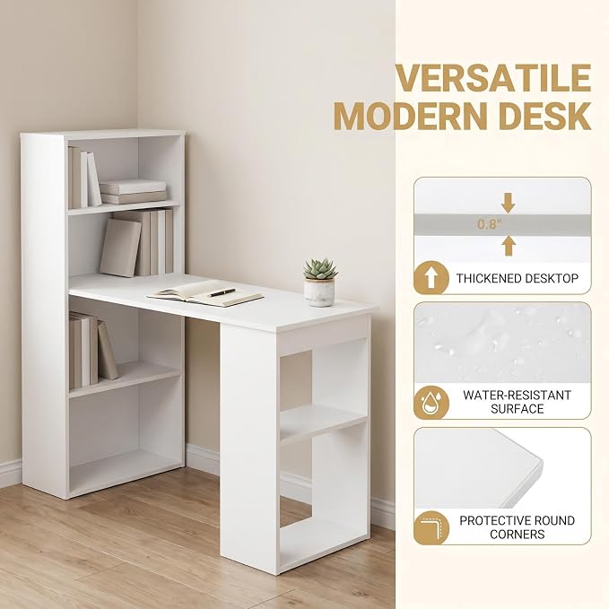 Tangkula White Computer Desk with Bookshelf, Writing Study Desk with Storage Shelves & CPU Stand, Modern Compact Computer Workstation for Home & Office, Space-Saving Design | Modern Compact Workstation w/Bookshelf Storage & CPU Stand, Space-Saving Desi... - Image 6